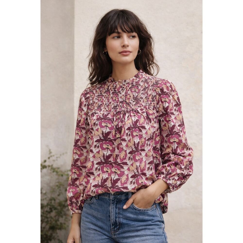 J.Crew Smocked Button-Back Top Liberty Butterfield Poppy Floral XS Cotton XS